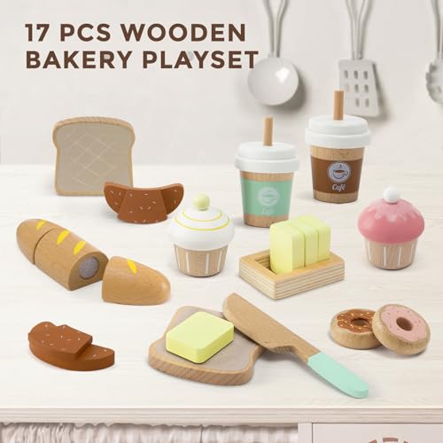 17 PCS Wooden Bakery Toy Food Playset for Kids, Pretend Picnic Play Food for Toddlers 3+, Play Kitchen Accessories with Shopping Bag, Cutting Food Toys, Gift for Girls Boys and Girls