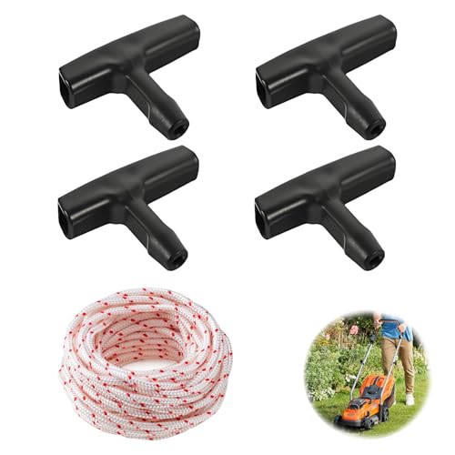 Corde de Démarrage de Tondeuse à Gazon de 10 mètres, Corde en Polyester de 4mm avec 4 Poignées de Démarrage, Compatible avec Tondeuses, Tronçonneuses et Débroussailleuses, Kit Pratique avec Poignées