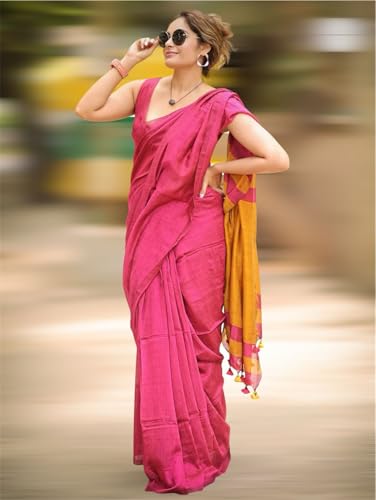 Image of Designer Cotton Saree with Floral Print Blouse, Maroon and Mint Green, Tasseled