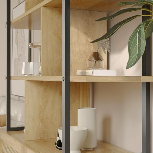 5 Tier Tall Bookshelf with Open Display Shelves, 71 Inch Rattan Classical Book Shelf with Storage, 5 Open Storage Bookcase with Metal Frame for Living Room, Bedroom and Home Office