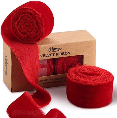 Velvet Ribbon for Gift Wrapping - Keypan Red Handmade Fringe Ribbons for Crafts Bouquet Wedding Decorations 2 Rolls 1 1/2 Inch x 2 Yd (4 Yards Total)