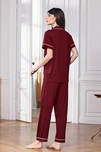 Image of WJing Yi Jia Womens Soft Pajamas Set XS-XXL Button Down Sleepwear Short Sleeves Pajama sets with Long Pants Pj Set Nightwear