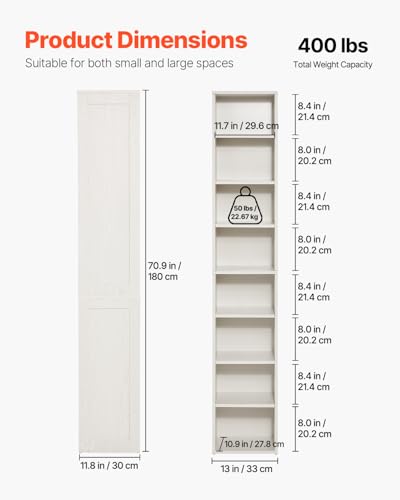 Image of VEVOR 8 Tiers Narrow Bookshelf, 71 in Wooden Tall Open Bookcase with Height-Adjustable Shelf, Freestanding Display Storage Floor Bookcase Bookshelf for Library, Bedroom, Living Room, Office, White