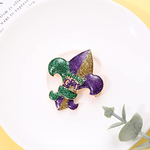 Image of Mardi Gras Brooch MARDI GRAS Glitter Brooch Mask Crown Fleur De Lis Brooch Pin Sparkly Holiday Jewelry for Women Girls Gift Fat Tuesday Celebrations