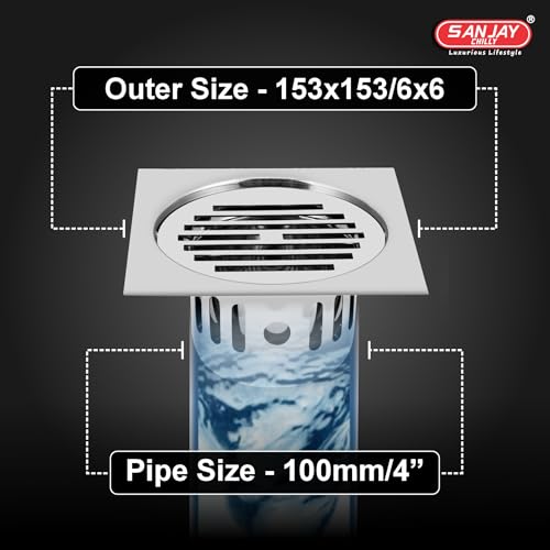 Image of Floor Drain with Cockroach Trap Cover Jali Stainless Steel 304 Grade Bathroom Gratings Waste Water Drainer Strainer Washbasin Sink Bathtub Toilet Anti Odor (Square Classic 6x6 INCH)