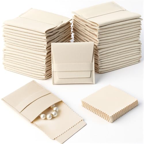 Oqqlin 120 Pcs Microfiber Jewelry Pouch, 8 x 8 cm Beige Microfiber Jewelry Packaging Bag with 120 Pcs 7 x 7 cm Cleaning Cloth Envelope Style Luxury Small Jewellery Gift Bags for Necklace Earrings Ring