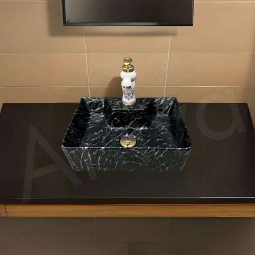 Image of Artiva Ceramic Wall Mounted Bathroom Basin /Designer Table Top Sink For Bathroom /Wall Hung Washbasin /Wash Basin For Cabinet /Countertop Vanity Sink (Nero Black 16 x 12 x 5 Inch)
