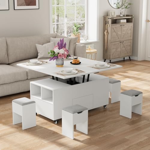 VOWNER Table Basse Relevable et Extensible, Multifonctionnelle 3 en 1 avec Tiroir et 4 Tabourets, Transformable en Table à Manger de Salon, 106L x 106W x 68H...