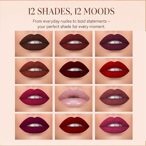 Image of Nandiayan 12Pcs Velvet Matte Liquid Lipstick Set of 12 (30 ml), Waterproof Long Lasting Quick-drying Non-Stick Cup Light Lip Kit |Smudge-Proof Transfer-Proof Lipsticks For Women | Light shades