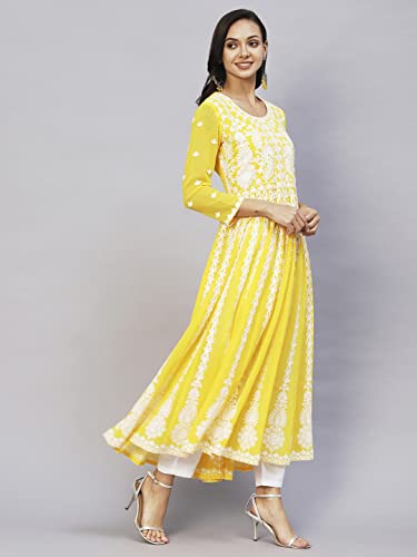 Image of ANNI Designer Women's Georgette Regular Fit Anarkali Chikankari Embroidered Calf Length Kurta Dress