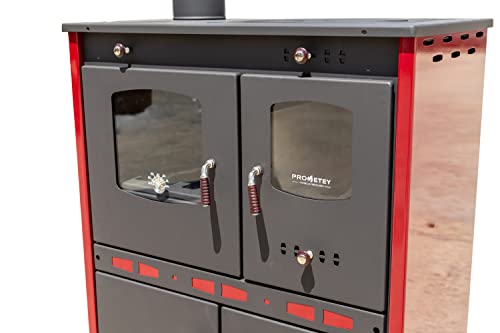 Foto von Kaminofen mit Backfach und Herdplatte Perfect Eco Lux Rot Links Holzofen 7 kW Kamin Ofen Holz Werkstattofen Hüttenofen Heizofen Gartenofen