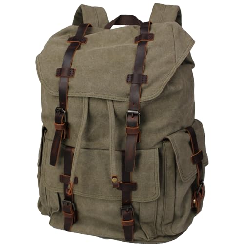 Retro Canvas with Cowhide 30L Large Capacity Backpack Suitable for Men'and Women Multifunctional Rucksack for Hiking/Traveling/Travel (8269 Army Green)2