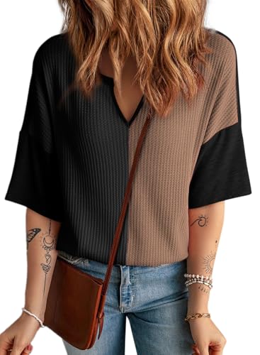 Dokotoo Womens Summer Tops Fashion 2025 Half Sleeve Fluffy Touch Waffle Knit Shirts Casual V Neck Colorblock Patchwork Blouse