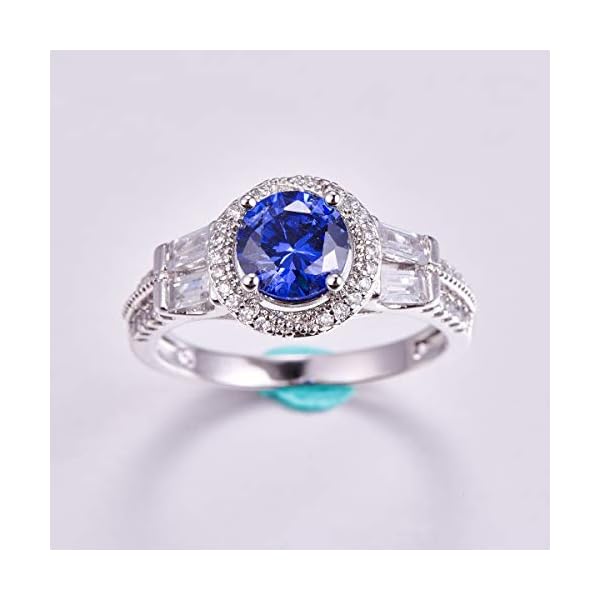 Empsoul 925 Sterling Silver Women's Created 5 Gemstones 7x7mm Round & Baguette Cut Filled Royalblue & White Tanzanite Eternity Bridal Wedding Ring Size 9 - Image 6