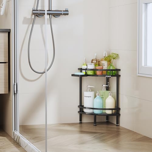 Image of HapiRm Standing Corner Shower Caddy - 2 Tier Shower Organizer Corner with Soap Holder and 2 Hooks, Rustproof Bathroom Storage Shelves with Adhesives, Black