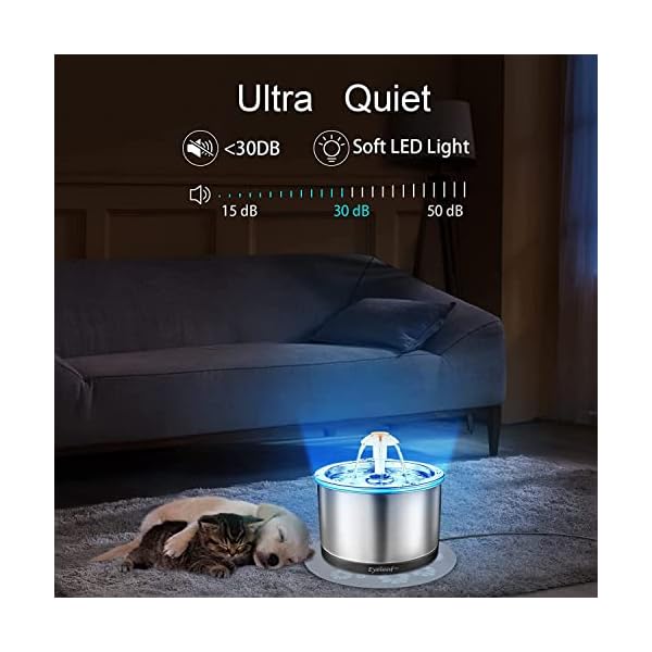 Katzenbrunnen,Trinkbrunnen für Katze und Hunde Edelstahl 2.5L Leise Katzen Automatischer Wasserbrunnen Hunde Haustier mit LED Nachtlicht und Aktivkohlefilter (2.5L Edelstahl Trinkbrunnen) – Bild 4