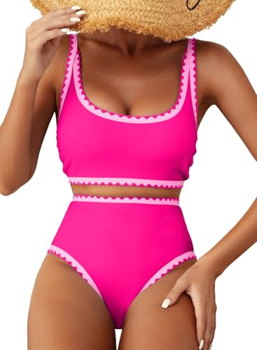Herseas Womens Bikini Sets Shell Stitch Swim Suits 2026 Summer High Rise Tummy Control Scoop Stretchy Bathing Suits Plus Size Modest Hot Pink Beach Vacation Clothes Large