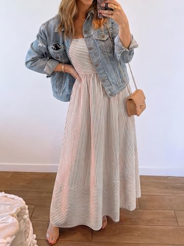 Image of Caracilia Womens Maxi Dresses Gingham Spaghetti Strap Back Smocked Flowy Long Sundress Summer Beach Vacation Clothes 2026