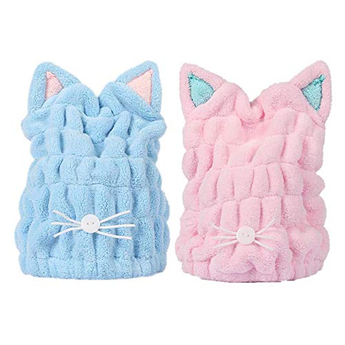 SUNTRADE Hair Drying Towels, Cute Bath Towel Wrap, Quick Drying Bath Cap for Women & Girls,Set of 2, Blue, Pink, 10.6 x 9 inch