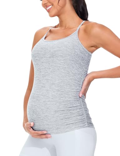 Image of THE GYM PEOPLE Women's Maternity Tank Tops Racerback Pregnancy Ruched Sleeveless Yoga Workout Shirts with Removable Padded