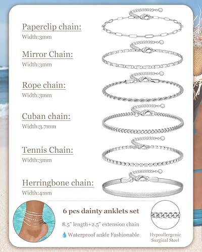 Image of Besteel Ankle Bracelets for Women Waterproof - 14K Gold Plated Non Tarnish Layered Cuban Link Chain Rope Figaro Herringbone Anklets Set Plus Size Anklet Summer Foot Jewelry Gift Adjustable 8-12 Inch