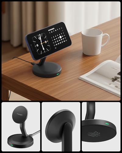 Spigen Essential 15W MagSafe Ladegerät [inkl. 60W USB-C Kabel] Magnetische Kabellose Ladestation für iPhone 17 16 15 14 Pro Max 17e & MagSafe Hüllen für Galaxy S26 S25, Pixel 10a 10 9 Pro XL - Schwarz