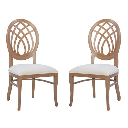 Linon Etta Natural Wooden Fully Assembled Dining Side Chair Set 2 with Beige Upholstered Seats