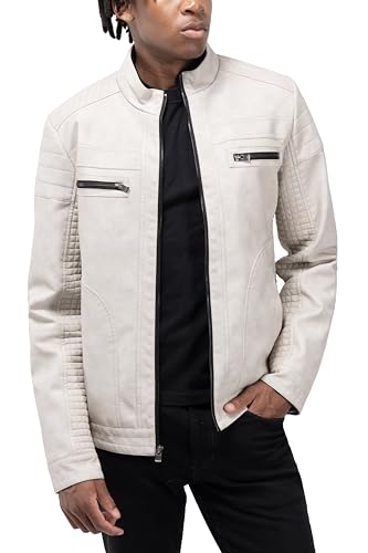 X RAY Mens Faux Leather Jacket with Hood, Hooded Stand Collar PU Leather Jacket for Men, Black, Large