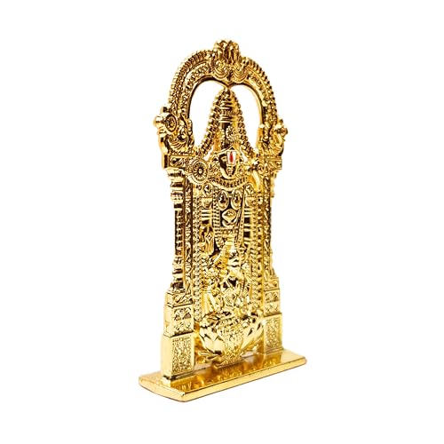 Image of anciently Tirupati Balaji Idol with Lakshmi for Car Dashboard | Venkateswara Idol with Lakshmi for Car Dashboard, Metal, 1 Piece (Gold Colour)