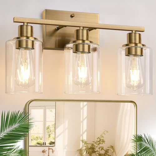 Image of Indoi 3-Light Bathroom Light Fixtures, Brass Modern Vanity Lights with Clear Glass Shades, Bathroom Wall Lamp for Mirror Living Room Cabinet Bedroom Porch