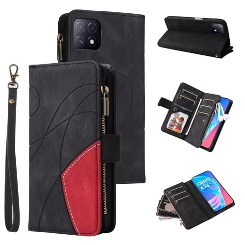 Funda para OPPO A72/A73 5G/A92S/Reno4 Z, Estilo Retro, con Cremallera, Piel sintética, Suave, Cierre magnético, 9 Tarjetero, función Atril, Cartera con Correa, Negro