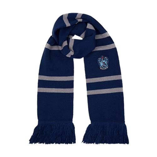 Harry Potter Ravenclaw Knitted Crest Scarf - Blue & Silver - Embroidered House Crest - 66 x 7 - Soft Winter Knit Scarf for Kids & Adults - Wizarding World Costume Accessory