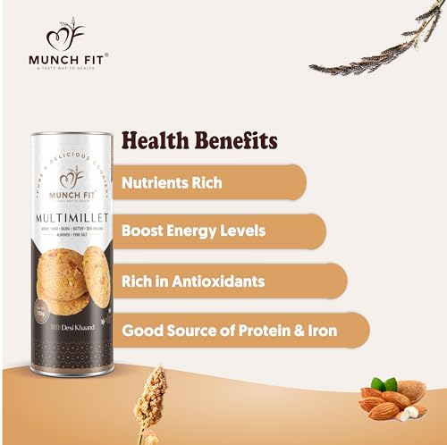 Image of Munch Fit Healthy Multimillet Cookies 125gm Pack of 2 | Egg Less Cookies Made Desi Khand with Jowar Ragi Bajra Cookies | Gluten Free, No Maida, No Added Sugar | 100% Natural Crunchy Snacks