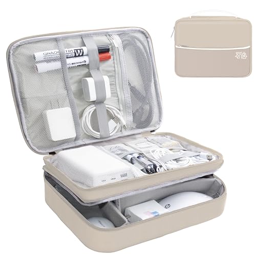 Image of Electronics Organizer,Travel Cord Organizer Pouch,Cable Organizer Bags | Waterproof Electronic Accessories Storage Case for Cables, Cords, Charger, Phone (Three Layer-Beige)