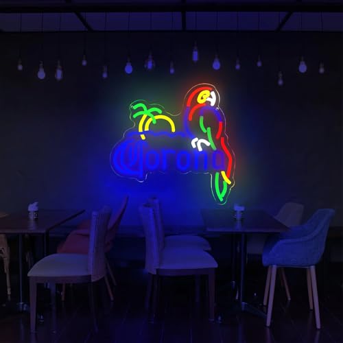 Image of Coron Neon Sign Parrot Neon Lights for Bar Decor, Palm Tree Beer Lights Bar LED Neon Sign Dimmable Light Up Signs Man Cave Home Pub Beer Gift Neon Lamp (Blue)