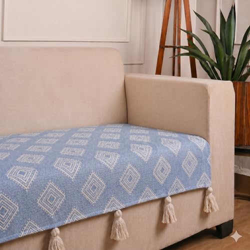Image of STITCHNEST 'Verdant Rekhika Stories' 1 Seater Sofa Cover| Elegant Jacquard Fabric, Decorative Tassels, Washable & Durable for Modern Living