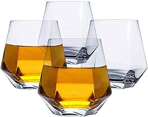 big cart Diamond Whiskey Glasses, Set of 4 Rocks Glasses Cocktail Drinkware for Rum, Scotch, Bourbon or Wine Glasses, Tumblers Old Fashion Elegant Glass Gift for Dad Husband Men Family