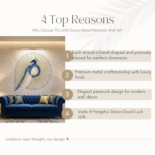 Image of SNS DECOR Alluring Metal Peacock Wall Art Decorations | Perfect 3D Wall Sculpture For Living Room, Bedroom, Drawing Room & Office-Blue Finish (Medium-20x22inch)