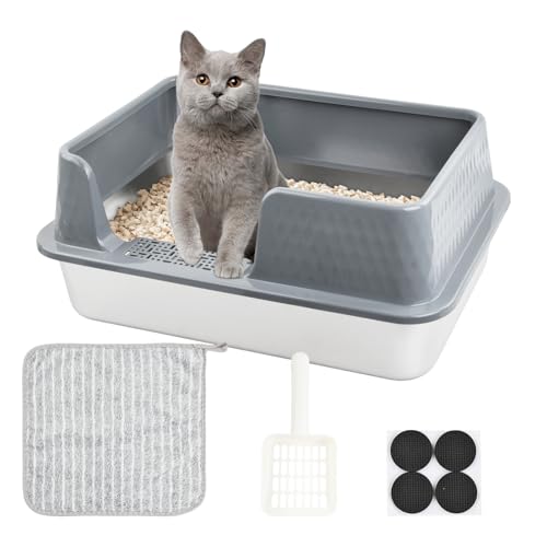 Lettiera gatto in Acciaio Inox, 50 x 35 x 20CM Vassoio per Lettiera per Gatti grande con recinzione alta rimovibile, lettiera gatto aperta con pala e panno per pulire Facile da pulire, grigio