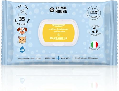 Animal House Toallitas Perfumadas 35 PCS: Toallitas Húmedas Hipoalergénicas y Biodegradables para la Limpieza Diaria de Perros y Gatos (35, MANZANILLA)