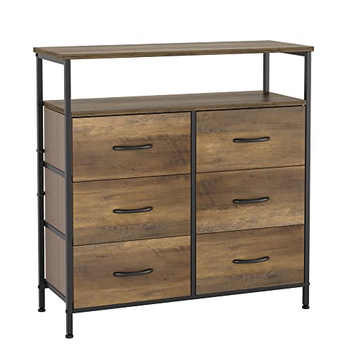 HOCSOK Commode en Tissu avec 6 tiroirs, Meuble de Rangement avec Dessus en Bois et poignée Facile à Tirer pour placards Style Industriel (Brun Clair) Cover