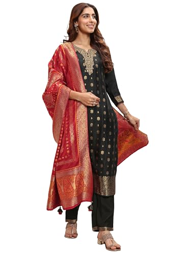 Libas Woven Design Silk Blend Straight Kurta With Trouser and Dupatta-56084M