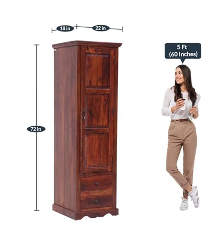 Image of Sheesham Wood Wardrobe with 2 Drawer and 3 Shelves Storage for Bedroom Wooden Almirah for Clothes for Living Room Bedroom Home, Solid Wood Furniture (Maple Finish)