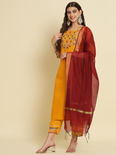 Image of VredeVogel Women's Cotton Blend Kurta Pant Set with Chanderi Silk Dupatta