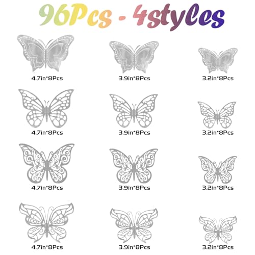 96 Pcs Butterfly Decorations 3 Sizes 4 Styles 3D Butterfly Wall Decor Party Decorations Butterflies for Crafts Birthday & Wedding Celebrations Cake Decorating Balloons Removable Stickers Silver - Thumbnail 2