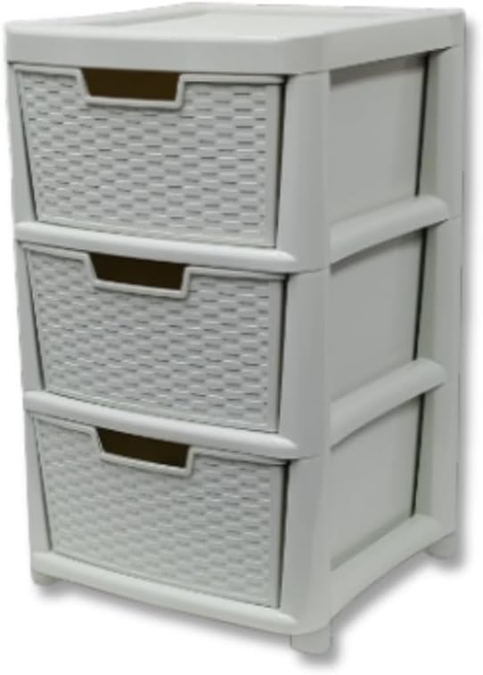 Khanary Plastic Storage Drawer Large Rattan Style Cabinet with Feet, 2/3/4 Tier Organizer Unit, Durable Woven Look Smooth Pull Out Drawers Home Office (Rattan Cream, 3 Drawer)