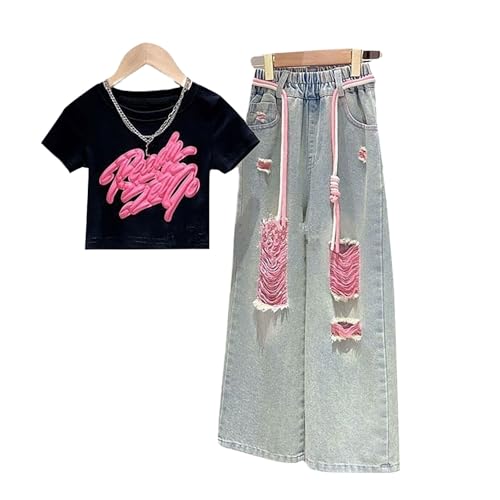 Ripped Denim Pants for Girls 2025 Fashion Teen Elastic Waist Baggy Wide Leg Jeans Streetwear Kid Fall Clothes with Drawstring3