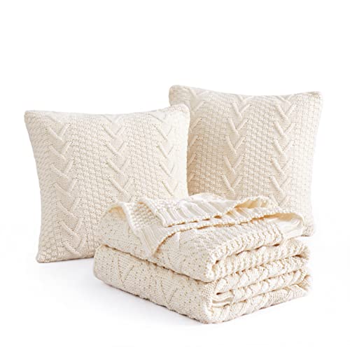 Aormenzy Knitted Throw Blanket (50" X 60") And 2 Pillow Covers (18" X 18"), 3 Piece Cream Throw Blanket Set, Decorative Throw Blankets For Couch Sofa Bed Living Room #TOP1