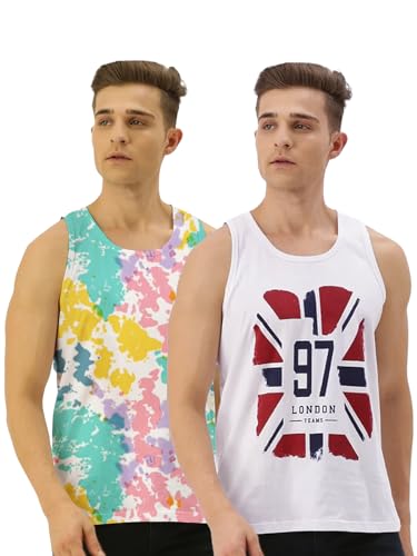 Image of Veirdo Pure Cotton Sleeveless Vest Combo for Men & Boys (Scoop Neck, Regular Fit, Multicolor, Printed, Suitable for Gym, Beach, Casual & Sports) (Pack of 2)