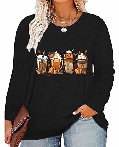 Plus Size Tops for Women T Shirts Casual Long Sleeve Pumpkin Milk Tea Coffee Graphic Print Halloween Tees